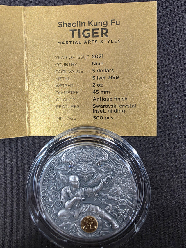 2021 Niue 2 oz Silver .999 Antique Finish Coin - Shaolin Kung Fu: Tiger (Swarovski Crystal & Gilding, Limited Mintage of 500 pcs)