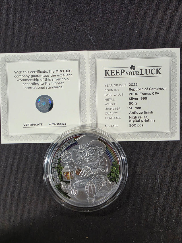 2022 Republic of Cameroon 2000 Francs CFA "Keep Your Luck" 50g .999 Silver Coin - High Relief, Antique Finish (Mintage 500, COA #24)