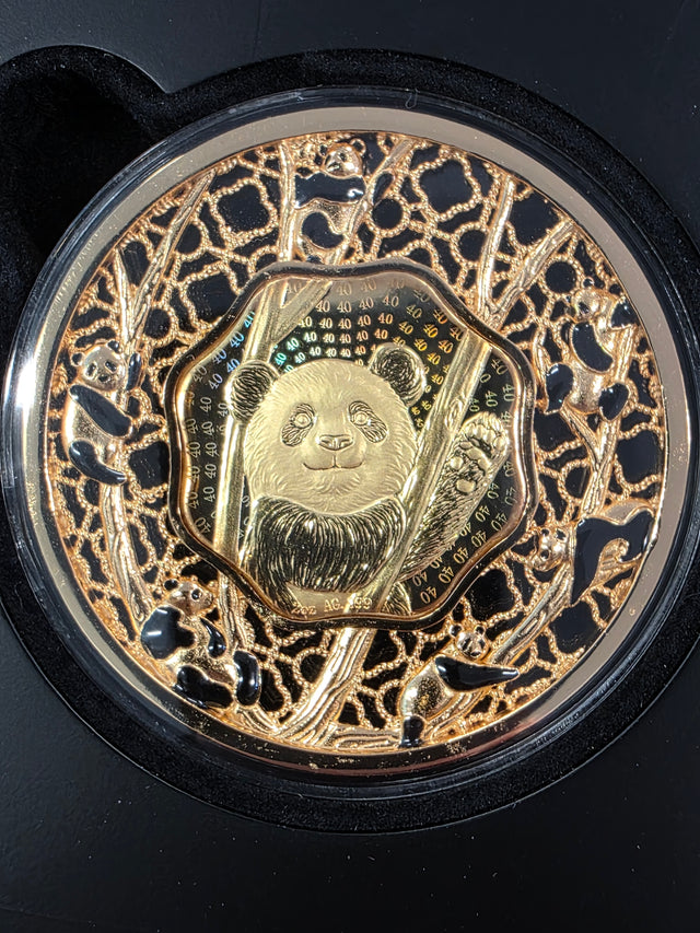 2022 Solomon Islands 5 Dollars 2 oz .999 Silver Panda Coin - Gold-Plated with Black Enamel, Plum Blossom Shaped Center Insert with Holographic Effect