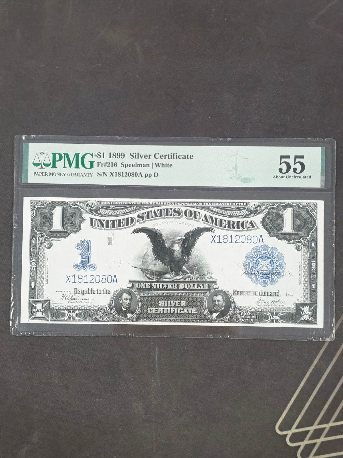 1899 $1 Black Eagle Silver Certificate – Fr. 236 Speelman/White – PMG 55 About Uncirculated