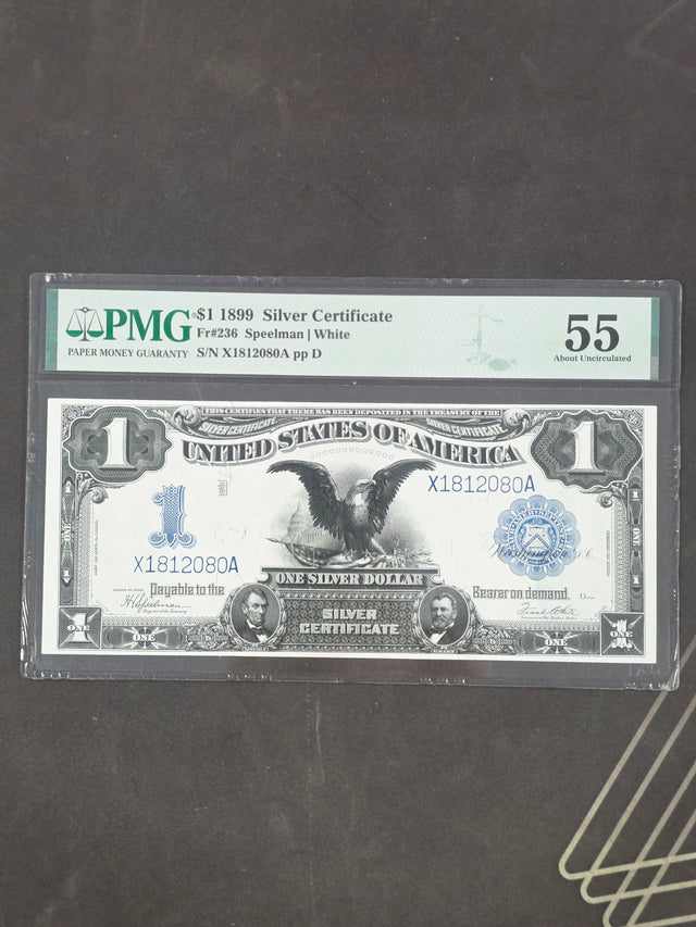 1899 $1 Black Eagle Silver Certificate – Fr. 236 Speelman/White – PMG 55 About Uncirculated